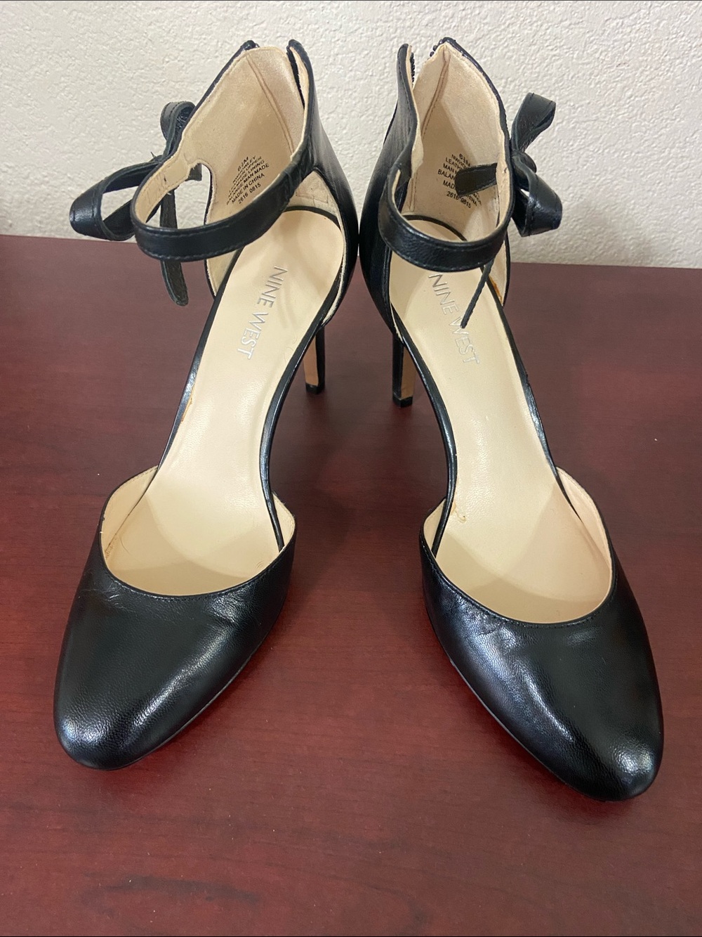 Nine West Black Leather Pointed-Toe Ankle-Strap Heels